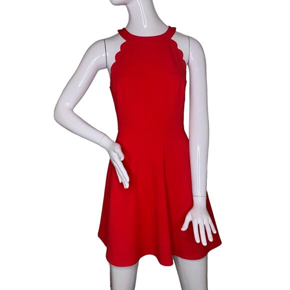 BCX Dress Size 3 Juniors Scalloped Sleeves Halter Cut Red Hidden Zipper on Back - Picture 1 of 10